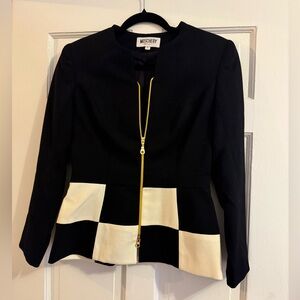 Moschery Vintage 1980s Black & White Wool Checkerboard Blazer with Peplum Waist